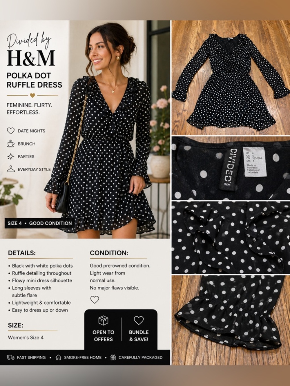 Divided H&M Women’s Black Polka Dot  Size 4 Mini Dress Summer to Fall Transition